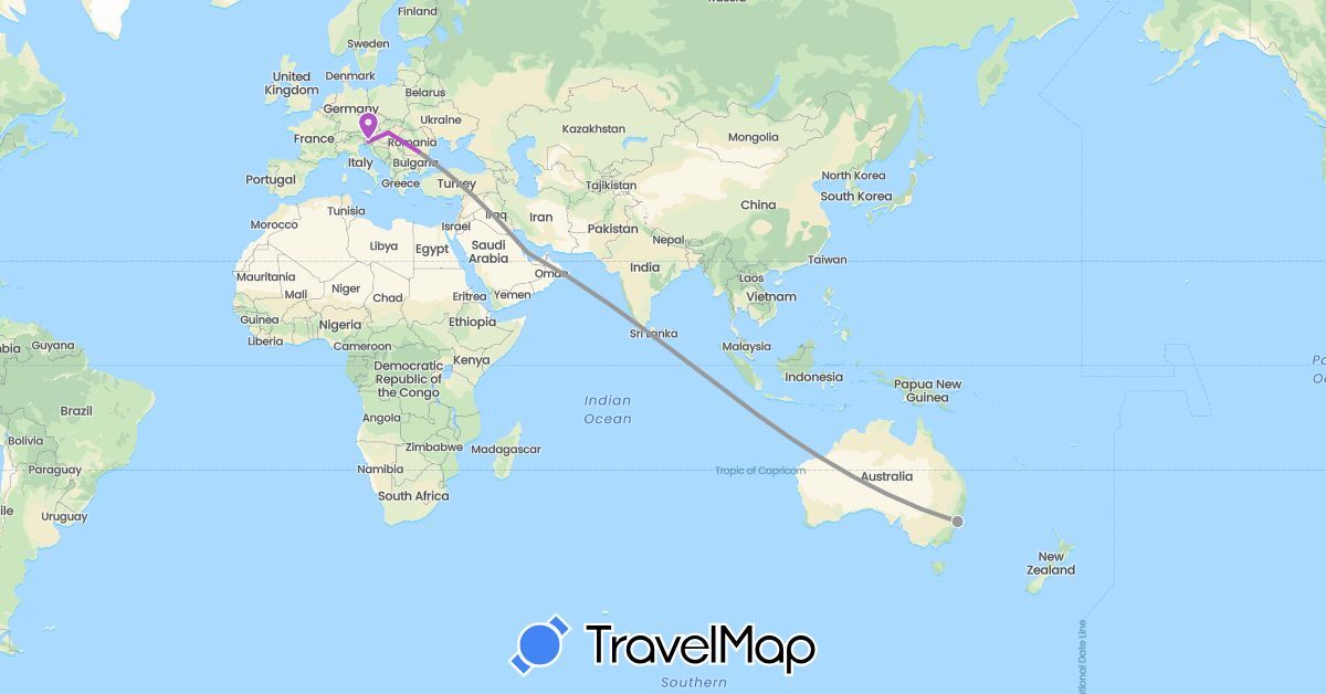 TravelMap itinerary: driving, plane, train in Australia, Hungary, Qatar, Romania, Slovenia (Asia, Europe, Oceania)